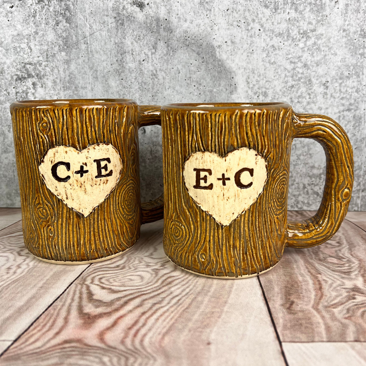 Personalized Porcelain Faux Bois Mug Set, Ceramic Coffee Cups