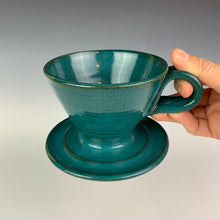 Load image into Gallery viewer, Coffee pour over with finger loop handle, wheel-thrown pottery, Teal glaze on red clay. Fern Street Pottery