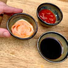 Load image into Gallery viewer, Sauce bowls for soy, hot sauce, Spicy mayo. wheelthrown pottery bowls made of stoneware. Tea bag holders, ring holders. made at Fern Street Pottery