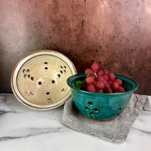 Pint + size berry colanders. Wheel thrown pottery, red stoneware shown in white and teal glaze.