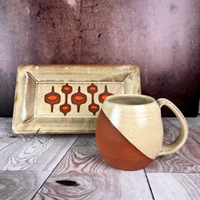 Load image into Gallery viewer, newly made, vintage style. This MidMod serving tray is designed to fit in with your MidCenturyModern style. shown here in Dijon Yellow with orange accent, and some beautiful red stoneware clay showing through. also shown with an angle dipped mug, sold separately
