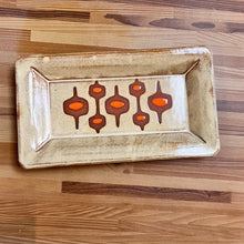 Load image into Gallery viewer, newly made, vintage style. This MidMod serving tray is designed to fit in with your MidCenturyModern style. shown here in Dijon Yellow with orange accent, and some beautiful red stoneware clay showing through. 
