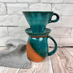 Coffee pour over and matching  angle dipped mug. shown in Teal glaze over rich red stoneware. Fern Street Pottery