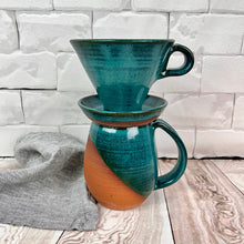 Load image into Gallery viewer, Showing an angle dipped mug and pour over in Teal. handcrafted, wheel thrown stoneware pottery