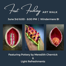 Load image into Gallery viewer, image of flyer for first friday art walk where my seedpod sculptures were featured.