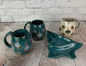 MidMod Mugs Freshly made with vintage inspired design and color. teal, white, turquoise, round square pattern. Shown here with a christmas candy dish made from a vintage Mid Century Mold. Fern Street Pottery