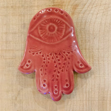 Load image into Gallery viewer, ceramic hamsa wall hanging, hand carved, shown in Rose Pink