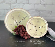 Load image into Gallery viewer, an 8&quot;diameter colander and a pint sized Berry colander in speckled white glaze