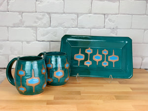 MidMod Mugs in teal/turquoise shown with matching MidMod tray. Fern Street Pottery