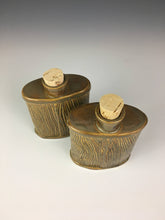 Load image into Gallery viewer, lumberjack pottery flasks shown from above, cork stoppers