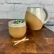 Load image into Gallery viewer, Pottery match striker made from stoneware. Strike on Pot with &quot;Strike anywhere&quot; matches.wheel thrown at Fern Street Pottery and shown here with a matching angle dipped mug.