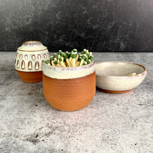 Pottery match striker made from stoneware. Strike on Pot with "Strike anywhere" matches.wheel thrown at Fern Street Pottery. shown here with a bud vase and a "tiny bowl" 