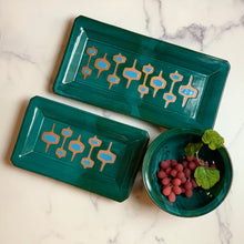 Load image into Gallery viewer, newly made, vintage style. These MidMod serving trays are designed to fit in with your MidCenturyModern style. shown here in Teal with turquoise accent, and some beautiful red stoneware clay showing through. Large and Medium trays are  also shown with a teal berry colander, sold separately
