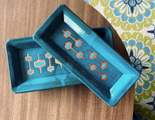Load image into Gallery viewer, newly made, vintage style. This MidMod serving tray is designed to fit in with your MidCenturyModern style. shown here in Teal with turquoise accent, and some beautiful red stoneware clay showing through. 