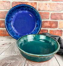 Load image into Gallery viewer, Wheel thrown Pie Plates. in Cobalt Blue world and teal green with icing rim. Stoneware clay
