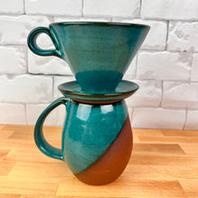 Load image into Gallery viewer, Coffee pour over and matching  angle dipped mug. shown in Teal glaze over rich red stoneware. Fern Street Pottery