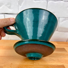 Load image into Gallery viewer, Coffee pour over shown in Teal glaze over rich red stoneware. Fern Street Pottery