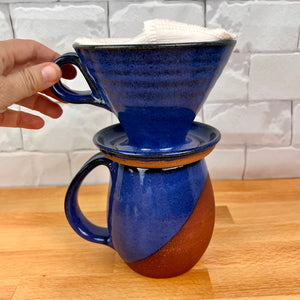 Coffee pour over and matching  angle dipped mug. shown in Cobalt Blue glaze over rich red stoneware. Fern Street Pottery