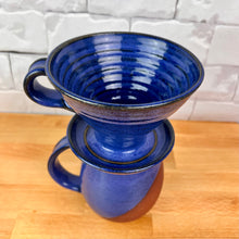 Load image into Gallery viewer, Coffee pour over and matching  angle dipped mug. shown in bright Cobalt Blue glaze over rich red stoneware. Fern Street Pottery