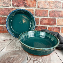 Load image into Gallery viewer, Wheel thrown Pie Plates. in teal green with icing rim. Stoneware clay