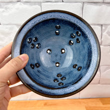 Load image into Gallery viewer, Pint size berry colander. Wheel thrown pottery, red stoneware shown in Icy Blue glaze.