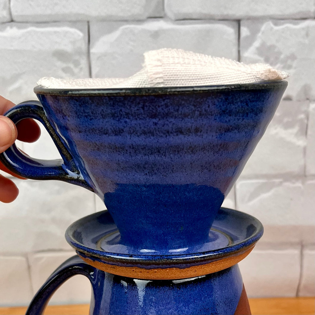 Coffee pour over shown in Cobalt Blue glaze over rich red stoneware. Fern Street Pottery