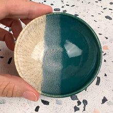 Load image into Gallery viewer, Tiny bowl, sauce bowl, ring dish. Wheel thrown on the potters wheel and glazed in teal and speckled white glaze with an overlap of colors in the center. 