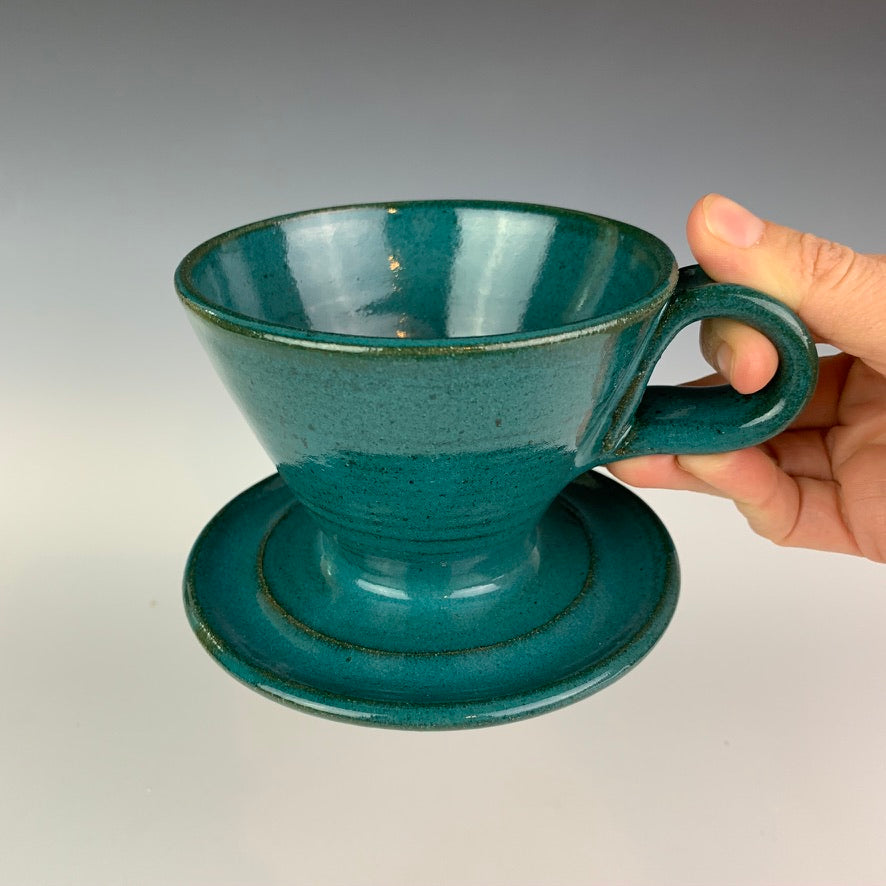 Coffee pour over with finger loop handle, wheel-thrown pottery, Teal glaze on red clay. Fern Street Pottery