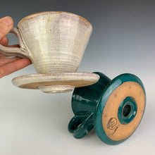 Load image into Gallery viewer, Detail shot of bottom of Coffee pour over and drip edge. wheel-thrown pottery, white glaze with speckled white glaze. shown in Speckled white and teal