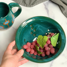 Load image into Gallery viewer, 8&quot; colander in teal, shown with matching teal MidMod Mug.