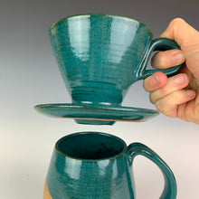 Load image into Gallery viewer, Detail shot of bottom of Coffee pour over and drip edge. wheel-thrown pottery, teal angle dipped mug. shown with matching coffee pour over in Teal. Fern Street Pottery