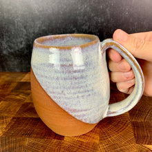 Load image into Gallery viewer, Angle dipped mugs, white glaze on red stoneware clay. the mugs feature a speckled white glaze, applied at an angle with some of the clay showing, and a full grip handle. Fern Street Pottery. Angle dipped mug.