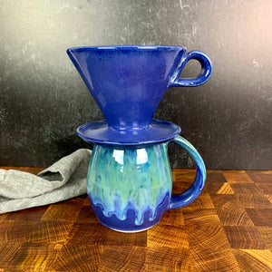 Coffee pour over and matching blue world mug and bud vase. shown in blue. Fern Street Pottery