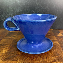 Load image into Gallery viewer, Coffee pour over and matching angle dipped mug and bud vase. shown in blue. Fern Street Pottery