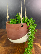 Load image into Gallery viewer, Hanging pottery planters shown with succulents. hanging planter Thrown with red clay and angle dipped glazed in speckled white. planters are strung with hemp twine and have NO drainage hole. Fern Street Pottery