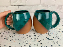 Load image into Gallery viewer, two angle dipped mugs glazed in stoneware. the mugs have a large, hand pulled handle for a full grip. Fern Street Pottery. Angle dipped mug.