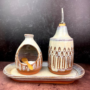 Kitchen Set with Carved Oil Cruet, Salt Cellar and Tray