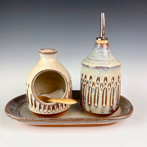 Small oval tray that holds a salt cellar and an oil cruet from fern street pottery, perfectly. (sold separately)