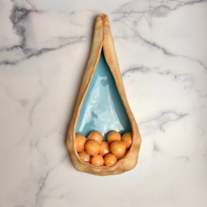 See Pod inspired wall sculpture, stoneware husk like nest of seeds or eggs in light orange with a blue interior