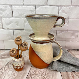 Coffee pour over and matching angle dipped mug and bud vase. shown in speckled white over rich red stoneware. Fern Street Pottery