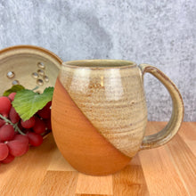 Load image into Gallery viewer, Fern Street Pottery. Angle dipped mug. Wheel thrown and hand crafted in red-brown stonware clay, this angle dipped mug is featured in a dijon glaze which shows the beautiful stoneware color beneath. beautiful color and textures. holds 14-16 oz