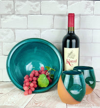 Load image into Gallery viewer, Teal serving bowl shown with matching wine tumblers. Large, wheel thrown serving bowl. Thrown in a deep red stoneware and glazed in rich teal