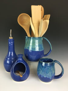 pottery kitchen set in Blue. olive oil cruet, salt cellar, pitcher, mug 