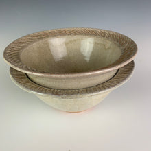 Load image into Gallery viewer, stacked red pottery stoneware bowls in white speckled glaze with  carved rim serving bowl. the pots are thrown on the potters wheel, bowls are approximately 7&quot; in diameter 