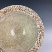 Load image into Gallery viewer, red pottery stoneware bowl in white speckled glaze with  carved rim serving bowl. the pots are thrown on the potters wheel, bowl is approximately 7&quot; in diameter 