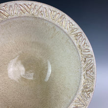 Load image into Gallery viewer, red pottery stoneware bowl in white speckled glaze with  carved rim serving bowl. the pots are thrown on the potters wheel, bowl is approximately 7&quot; in diameter 