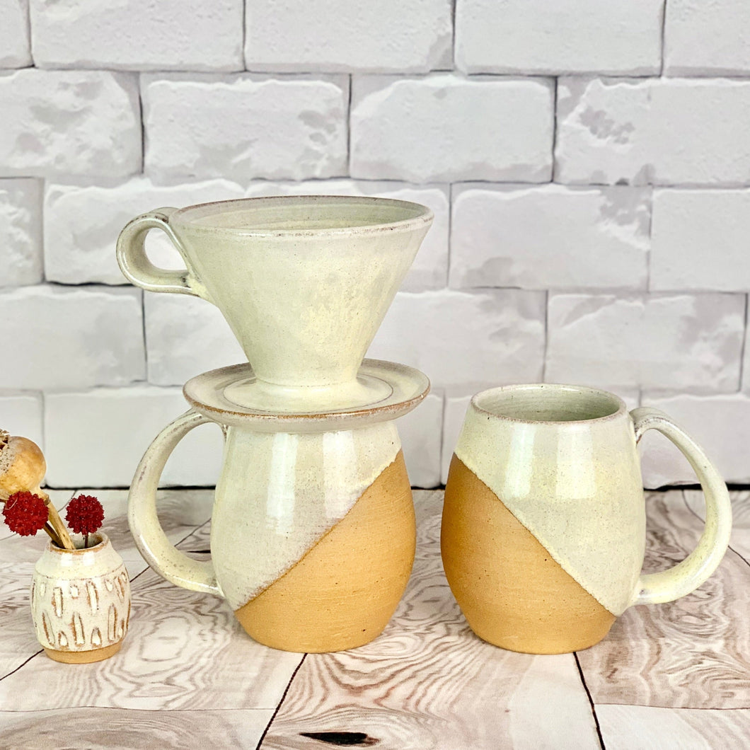coffee gift set including two angle dipped coffee mugs, one coffee pour over and a matching bud vase. handcrafted, wheel thrown stoneware pottery