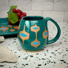 Load image into Gallery viewer, MidMod Mugs and trays in teal, handcrafted by meredith at Fern Street pottery is vintage style, but freshly made by hand to compliment your mid century modern decor. Fern Street Pottery. dishwasher safe, holds 14 - 16 oz.