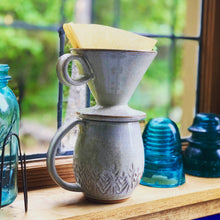 Load image into Gallery viewer, Coffee pour over with finger loop handle, wheel-thrown pottery, white glaze with speckles. Fern Street Pottery
