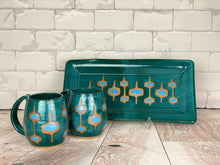 Load image into Gallery viewer, newly made, vintage style. This MidMod serving tray is designed to fit in with your MidCenturyModern style. shown here in Teal with turquoise accent, and some beautiful red stoneware clay showing through. also shown with a MidMod mug, sold separately